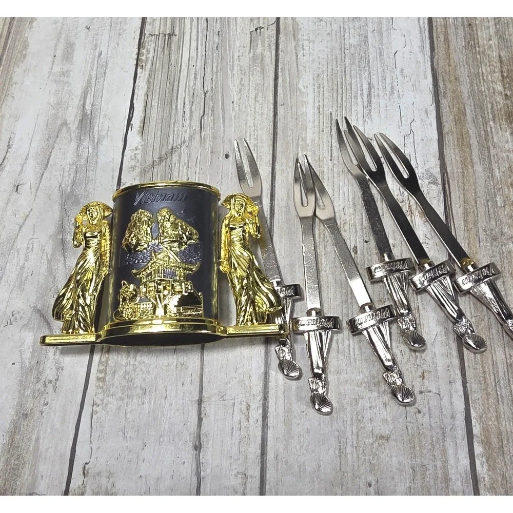 Vietnam Souvenir Appetizer Fork Set 6 Piece Metal Conical Hat Ao Dai Gold Silver